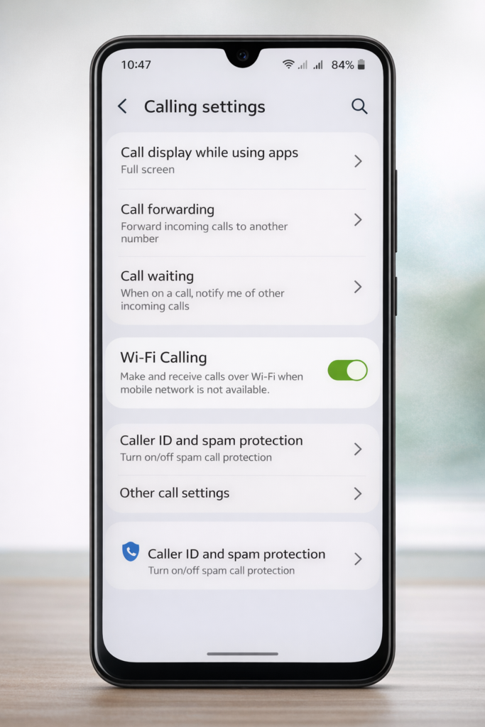 Android calling settings menu showing the Wi-Fi Calling option