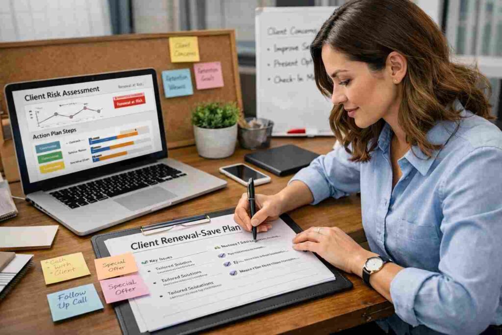 Client success manager preparing a tailored renewal-save plan