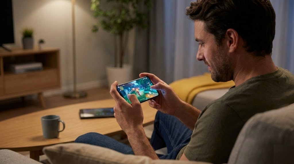 Man playing online games on mobile